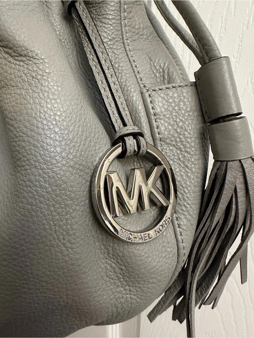 Michael Kors Gray Pebbled Leather Drawstring Hobo with Tassel